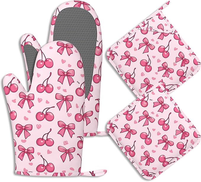 Cute Bows Cherry Oven Mitts and Pot Holders Sets of 4 Pink Love Heart Heat Resistant Silicone Oven Mits Gloves Non-Slip Kitchen Mittens Potholders for Cooking Baking Grilling BBQ