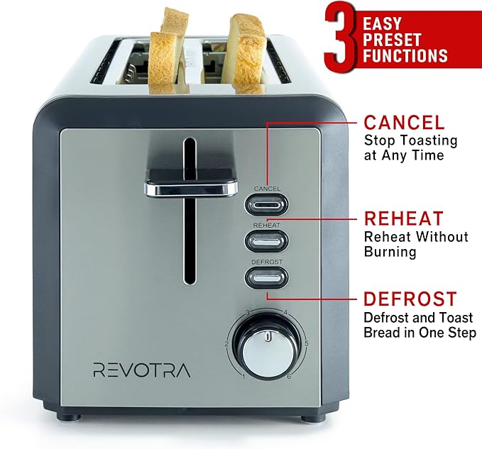4 Slice Long Slot Stainless Steel Toaster with Extra Wide 1.5” Slots, 6 Shade Browning Settings, Defrost Reheat Cancel Functions, Even Toasting for Artisan & Sourdough Bread, Removable Crumb Tray