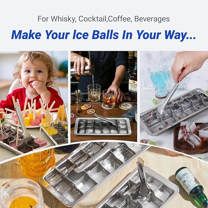 3 Pack 18-Slot Ice Cube Trays Stainless Steel - Professional Heavy Duty Metal Icecube Mold, Non-Toxic Freezer Tray with Lever Release, Bar & Kitchen Use, Send Goods from Local Warehouse