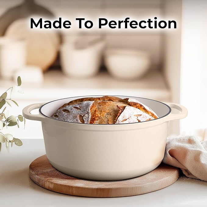 Zulay Kitchen 6 Quart Enameled Cast Iron Dutch Oven Pot with Lid – Premium Durability & Oven Safe up to 500°F – Heavy Duty Cookware Perfect for Bread Baking, Stews, Braising & Roasting - Ivory