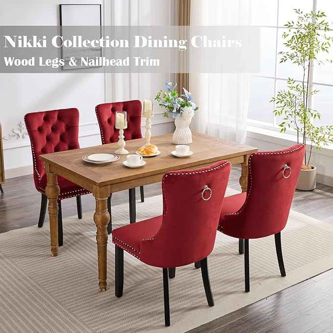 Velvet Dining Chairs Set of 4, Upholstered Dining Room Chairs with Back Ring Pull Trim and Solid Wood Legs,Tufted Wingback Kitchen Chairs for Dining Room,Kitchen(Wine Red)