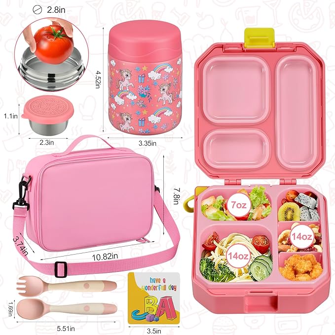 wiwens Bento Lunch Box for Kids with 12oz Soup Thermo Leak-Proof Lunch Food Container with 5 Compartment Thermo Hot Food Jar and Insulated Lunch Bag for Kid Toddler Girls Boys to School