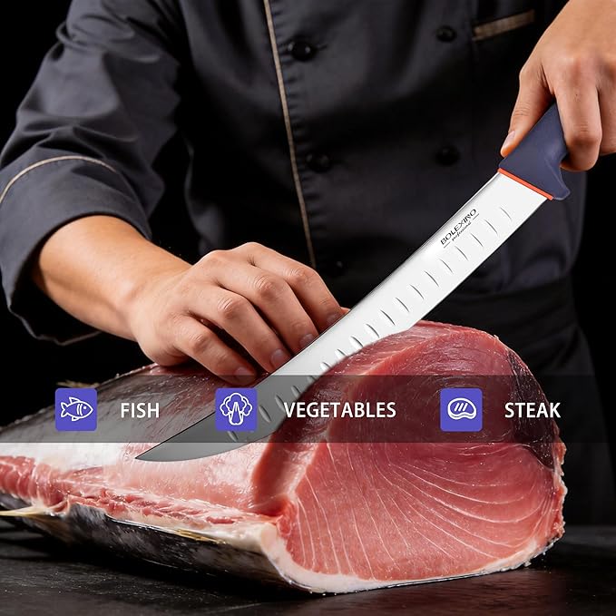 12 Inch Carving Knife, Brisket Slicing Knife with Granton Edge, X50CrMoV15 Stainless Steel Butcher Knife for Meat Cutting, BBQ & Turkey