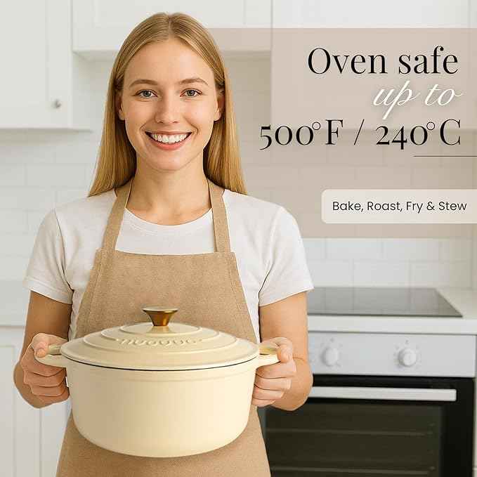Nuovva Enamelled Cast Iron Dutch Oven Pot with Lid 7.3 Quart Non Stick Casserole Pot – Heavy Duty & Oven Safe up to 500° F for Bread Baking, Braising, Stews, Roasting – 30cm Cream