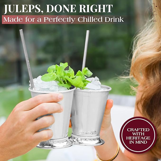 Gusto Nostro Mint Julep Cups Set of 2 - Stainless Steel Julep Cup Kit with Straws, Muddler, Spoon,Recipes, Vases - Southern-style Cocktail Glasses for Home Bar - Stainless Steel Cocktail Cups (Silver)