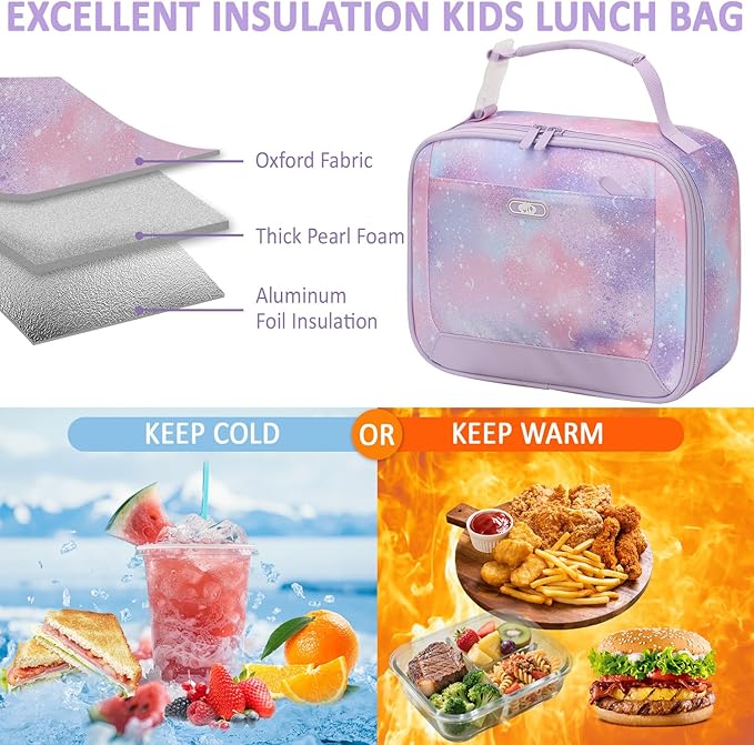 Lunch Box Kids Insulated Lunch Bag for Boys Girls Cute Reusable Lunch Tote Bag Waterproof Portable Thermal Lunch Box Kids for School Picnic Travel Light Purple Starry Sky