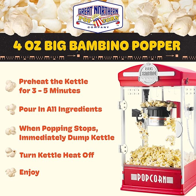 Popcorn Machine - Big Bambino Old Fashioned Popcorn Maker With 4-Ounce Kettle, Measuring Cups, Scoop, and Serving Cups by Great Northern Popcorn (Red)