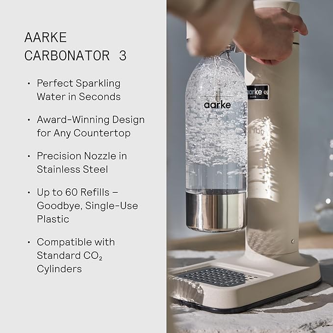 Aarke Carbonator lll, Sparkling & Carbonation Water Machine, Stainless Steel with PET BPA-Free Reusable Bottle Volume 1L/34 fl oz (Sand)