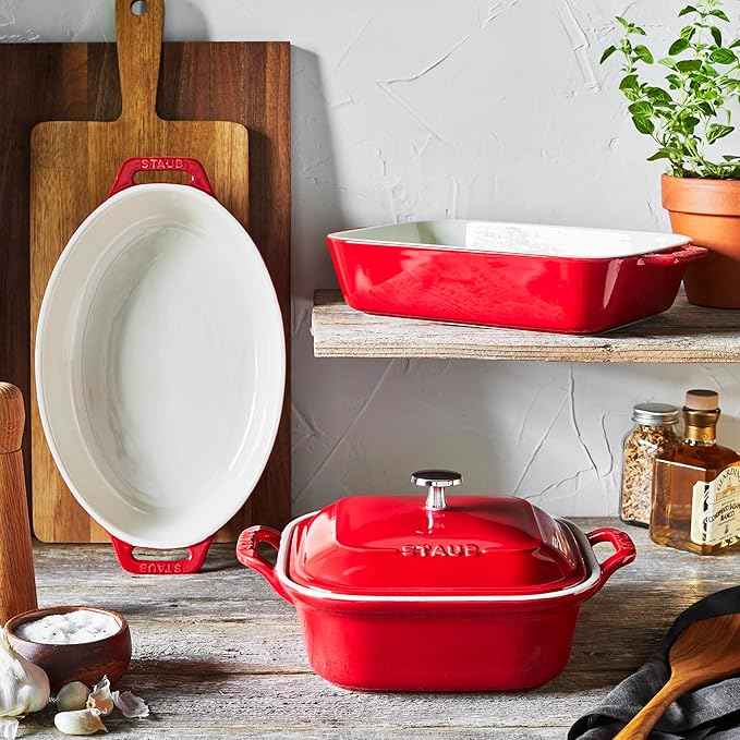 STAUB Ceramic 4-pc Baking Pans Set, Casserole Dish with Lid, Brownie Pan, Cherry