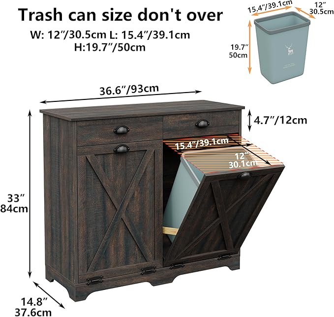 Furniouse Farmhouse Trash Can Cabinet, Double Tilt Out Trash Bin Cabinet with Barn Doors & Hideaway Drawers for Kitchen, Dark Brown
