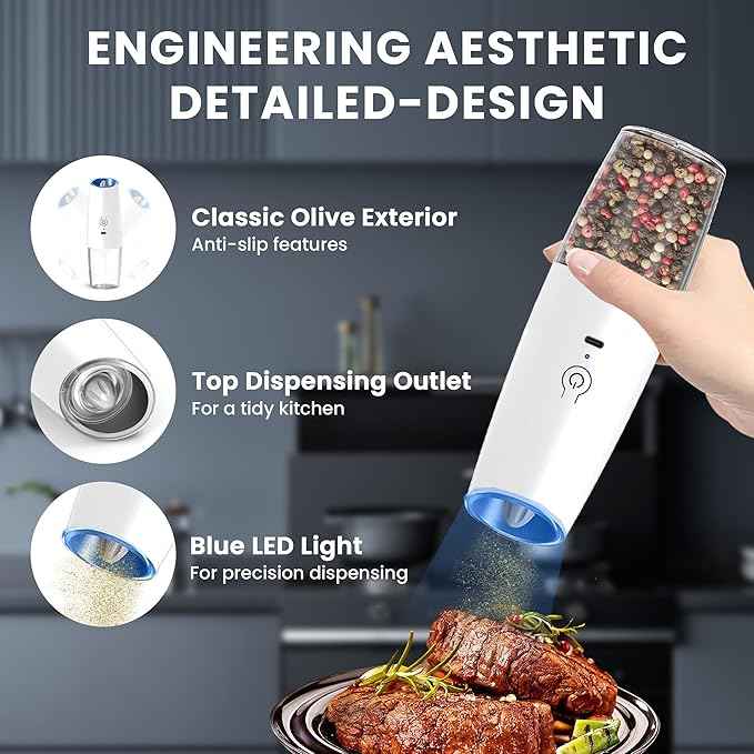 Rechargeable Electric Salt and Pepper Grinder set of 2, gravity electric salt and pepper grinder set, Adjustable Roughness, LED Light, 2 Pack, (White)