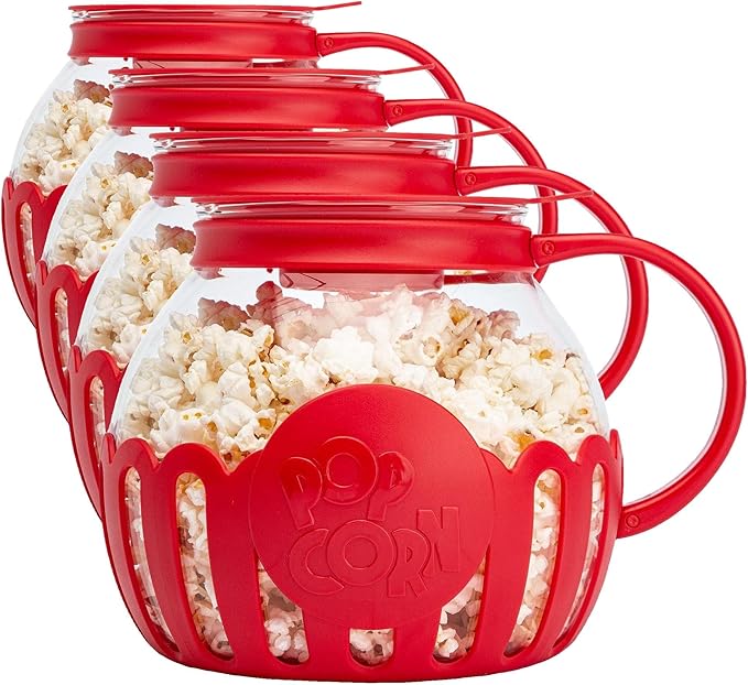Ecolution Patented Micro-Pop Microwave Popcorn Popper with Temperature Safe Glass,3-in-1 Lid Measures Kernels and Melts Butter,Made Without BPA,Dishwasher Safe,3-Quart,Red,(Pack of 4)