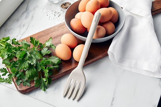 GreenPan Silicone Ultimate Fork, Mixing Stirring Serving, Cooking Kitchen Utensil, Flexible Rubber Nonstick Cookware, Rigid Steel Core, Heat-Resistant, Anti-Slip Handle BPA-Free Dishwasher Safe, Taupe
