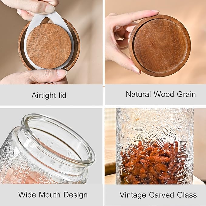 Adodeen 24oz Vintage Glass Canister With Lid Small Glass Jars Wide Mouth Mason Jars Airtight Coffee Canisters Kitchen Storage Containers For Sugar Tea Spice Flour Candy Cookie Cereal Cute Decorative
