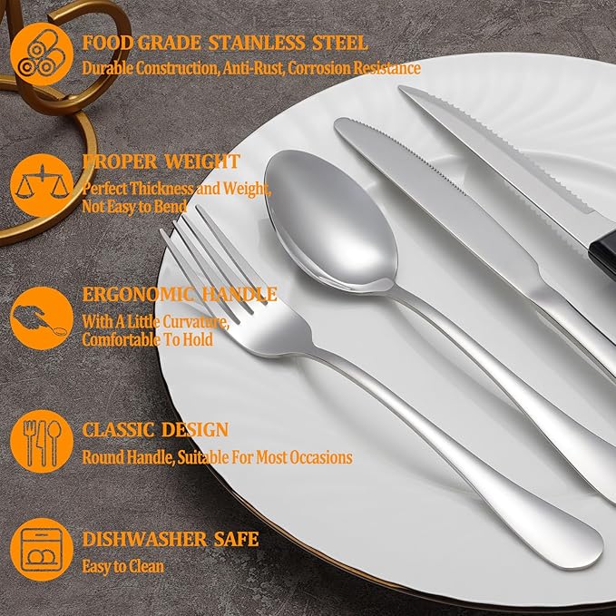 36 Pcs Silverware Set with Steak Knives Service for 6,Stainless Steel Flatware Set,Mirror Polished Cutlery Utensil Sets,Home Kitchen Eating Tableware Sets,Include Fork Knife Spoon,Dishwasher Safe