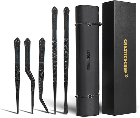 CREATIVECHEF Chef Tweezer Tongs, Professional Kitchen Tweezers, Precision Tweezer Tongs for Cooking, BBQ, Plating, Stainless Steel, Black (5)