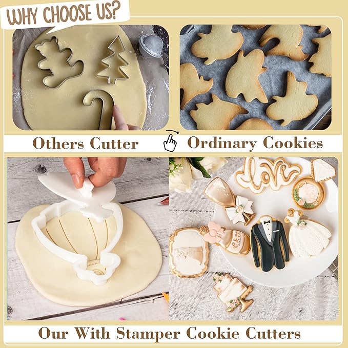 Flycalf Wedding Cookie Cutters Set of 7 with Plunger Stamps Holiday Gifts Baking Cake PLA Kitchen Diamond Love Ring Shapes for Kids 3.5" Mold Supplies Biscuit Tools