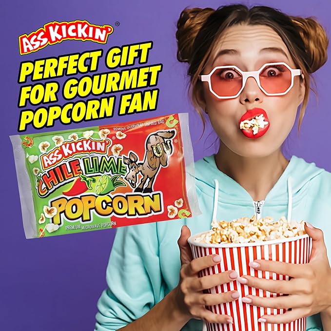 ASS KICKIN' Chile Lime Microwave Popcorn Bags - 3 Pack - Ultimate Spicy Popcorn Gourmet Gift - Makes a Great Movie Theater Popcorn or Snack Food for Movie Night
