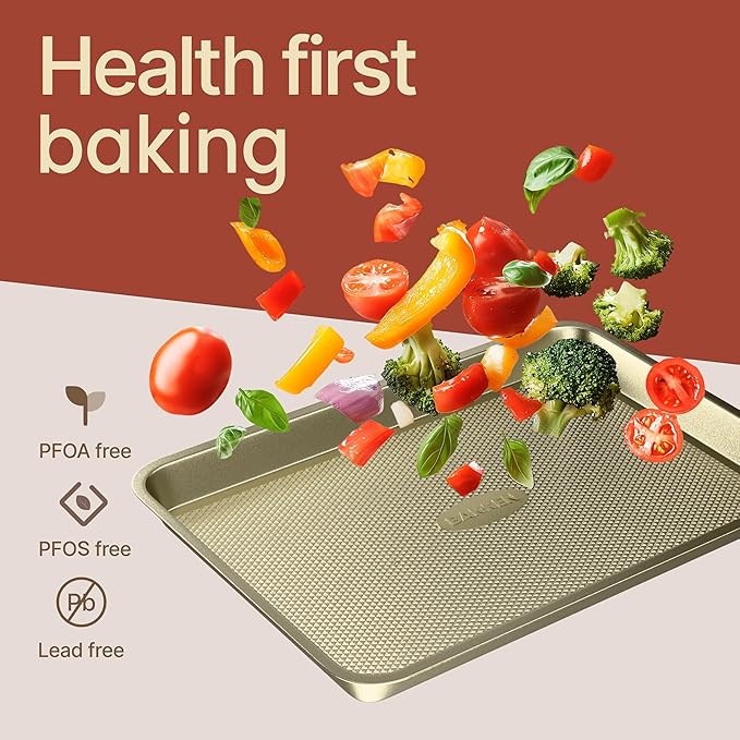 Diamond Bottom Cookie Sheet Set of 2, Nonstick Gold Carbon Steel Baking Pans for Crisp Baking, Space-Saving Stackable Trays, PFOA, PFOS, PTFE Free, Oven Safe Up to 450°F, Small & Medium Pans