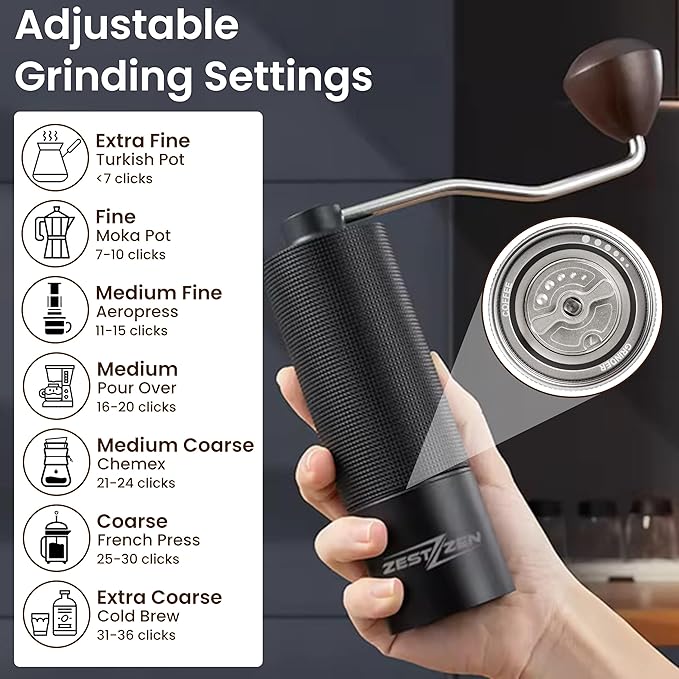 Manual Coffee Grinder with Precision Conical Burr – Adjustable Hand Coffee Grinder with Double Bearings – Stainless Steel Portable Coffee Mill for Espresso, French Press,Travel & Camping