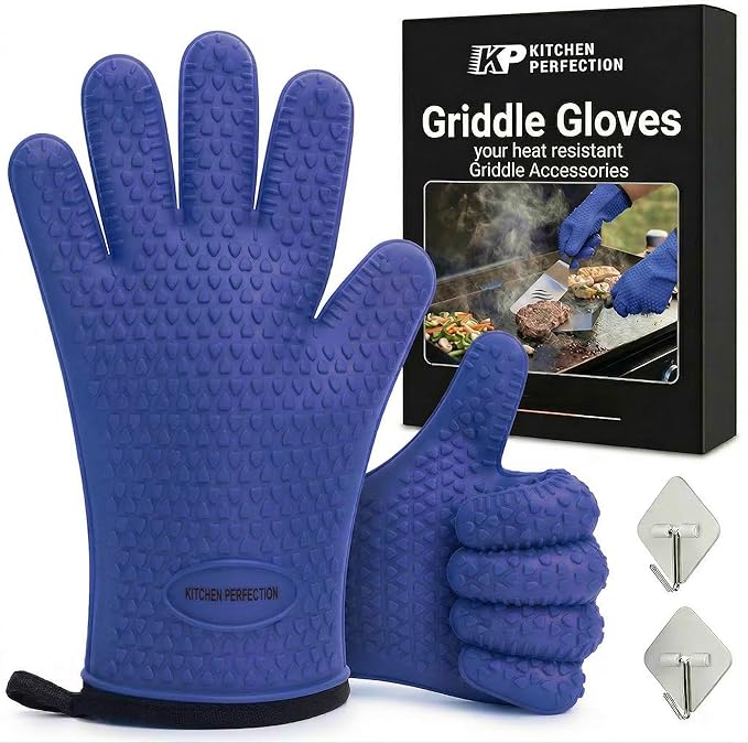 KITCHEN PERFECTION XL Silicone Oven & Griddle Gloves -Extreme Heat Resistant BBQ & Grilling Gloves -Handle Hot Food Right on Your Griddle |Waterproof Oven Mitts Grill Gloves |Superior Set+3 Bonuses