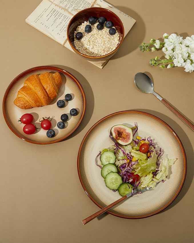 Ceramic Dishes Set for 8, 24 Piece Stoneware Dinnerware Sets, Chip and Scratch Resistant, Easy to Stack & Clean, Modern Rustic Look, Brown Yellow