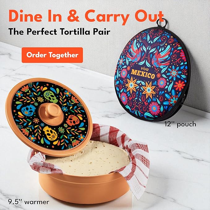 Sugar Skull Tortilla Warmer Day of the Dead - Authentic Terracotta Tortilla Holder with Warmer Cloth, Mexican Día de Muertos Calavera Tortillero, Clay Bread Warmer for Roti Pancake Naan