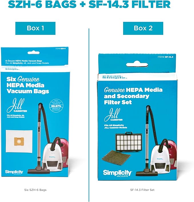 Simplicity Vacuums 6-pack Vacuum Bags Type Z and Filter Set for Jill Canister Vacuum Cleaner, SZH-6 Bags and SF-I4.3 Filter Set with Certified HEPA FiltratioN