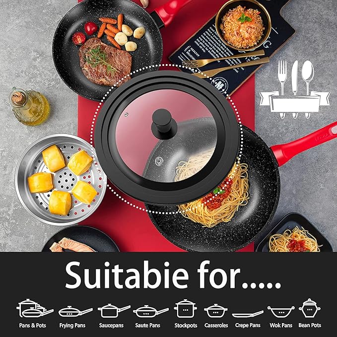 Universal Lids for Pots, Pans & Skillets - Fits 11", 12" and 12.5" Diameter Cookware, Tempered Glass with High Heat Resistant Silicone Rim, Dishwasher Safe.