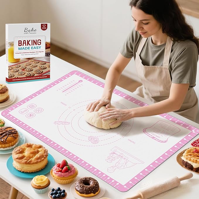 Silicone Baking Mat with 10 Recipes, Non Stick Silicone Mat for Pastry, Cookie, Macaron, Pizza,Bread, Surdough,Fondant, Extra Large and Dishwasher Safe