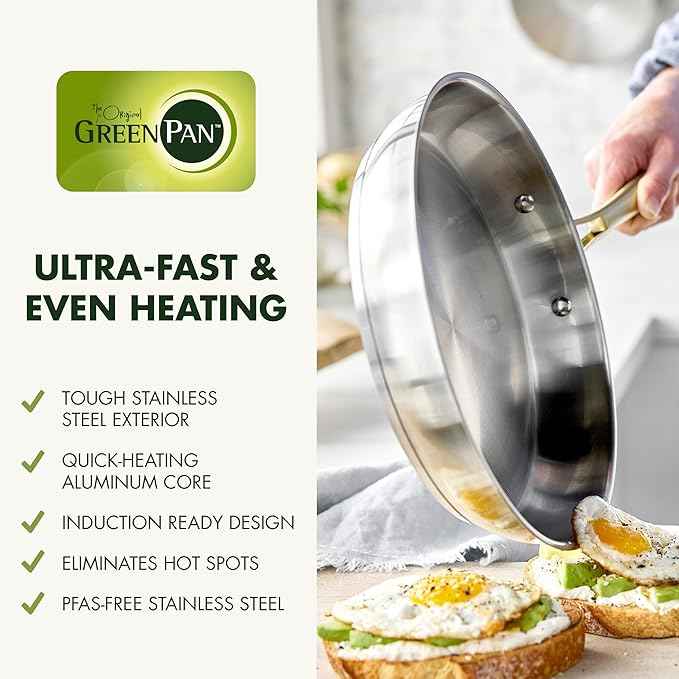 GreenPan Stainless Steel Cookware Set, 11 Piece, Induction Cookware, Dishwasher Safe, Oven Safe to 600F, Large 8QT Stock Pot, Sauce, Saute, Frying Pans, Pots & Pans Kitchen Essentials, Gold