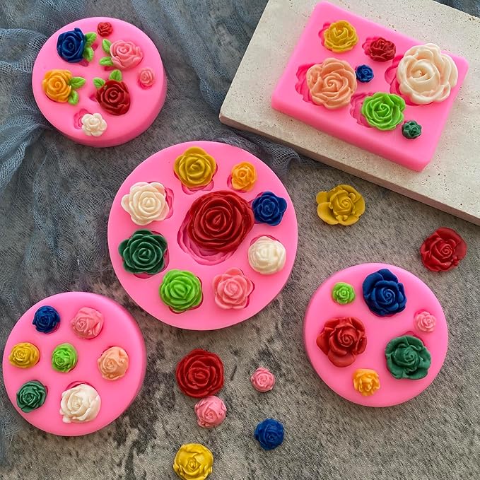 5Pcs Rose Flower Silicone Molds Small Flower Fondant Chocolate Candy Molds Polymer Clay Resin Ice Cube Soap Wax Mold for Baking