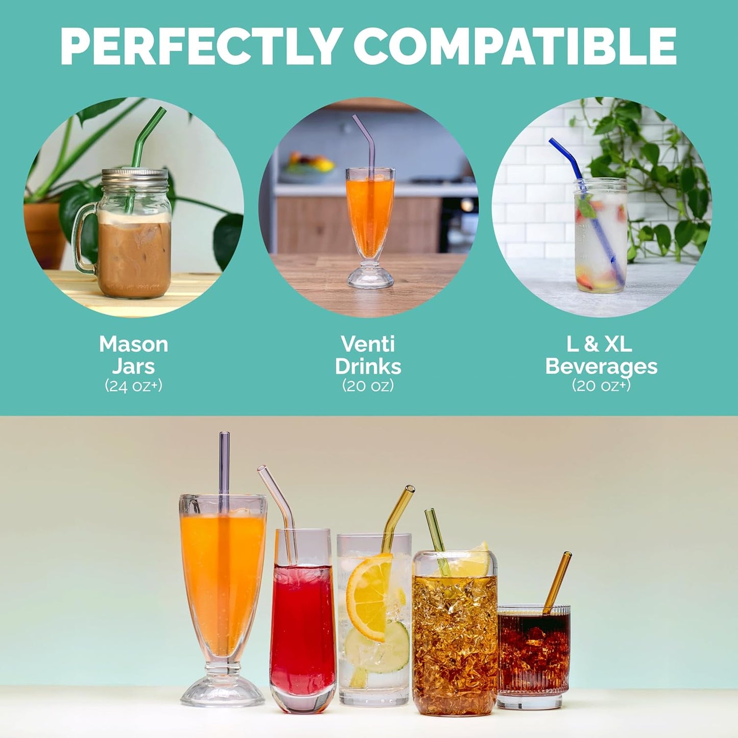 Simply Straws 8 Inch Glass Straws Bent (6-Pack) – Reusable Glass Straws for Pints & Juice Drinkware, with Cleaning Brush – Dishwasher Safe, Hot & Cold Use, BPA-Free (Air)