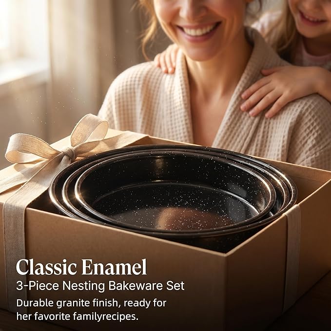 3-Pack Enamel Roasting Pan Set Round Deep Baking Pans Oven Trays10"/12"/14" Cake Pans High Performance Non-Toxic Pizza Pan Cookie Baking Sheets Oven Trays For Cooking Merry Christmas Gift for Mom