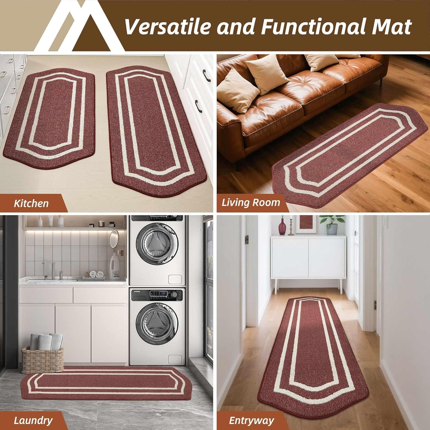 COSY HOMEER Long Kitchen Floor Mats for in Front of Sink Super Absorbent Kitchen Rugs and Mats 24"x48" Non-Skid Kitchen Mat Standing Mat Washable,Polypropylene,Red,Frame