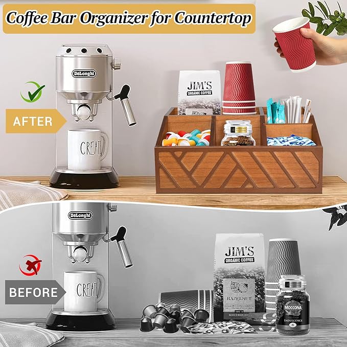 ugiftt Coffee Station Organizer for Counter, Wood Pods Holder Storage Basket, Tea Condiment Storage Organizer, Rustic Coffee Bar Decor for Accessories Organizer