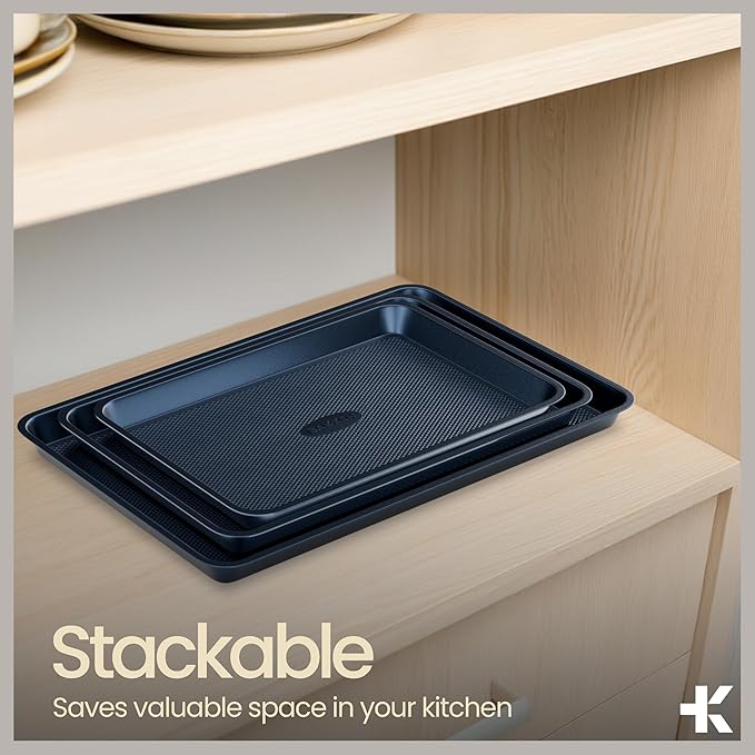 Diamond Bottom Cookie Sheet Set of 2, Nonstick Blue Carbon Steel Baking Pans for Crisp Baking, Space-Saving Stackable Trays, PFOA, PFOS, PTFE Free, Oven Safe Up to 450°F, Small & Medium Pans