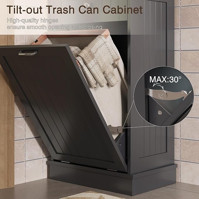 KIGOTY Tilt Out Trash Cabinet,Wooden Kitchen Trash Bin Holder Garbage Bin Recycling Cabinet Laundry Hamper with Solid Wood Countertop and Hideaway Drawer (Black)