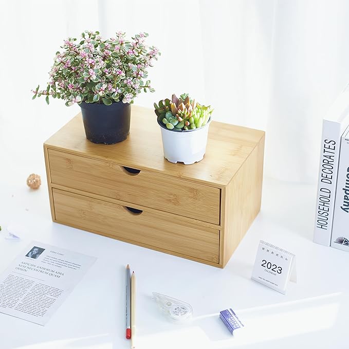 Charmewooden Bamboo Desk Organizer With Drawers Countertop Drawers Counter Storage Box Corner Desk Organizer for Home Office No Assembly Required (2 Drawers)