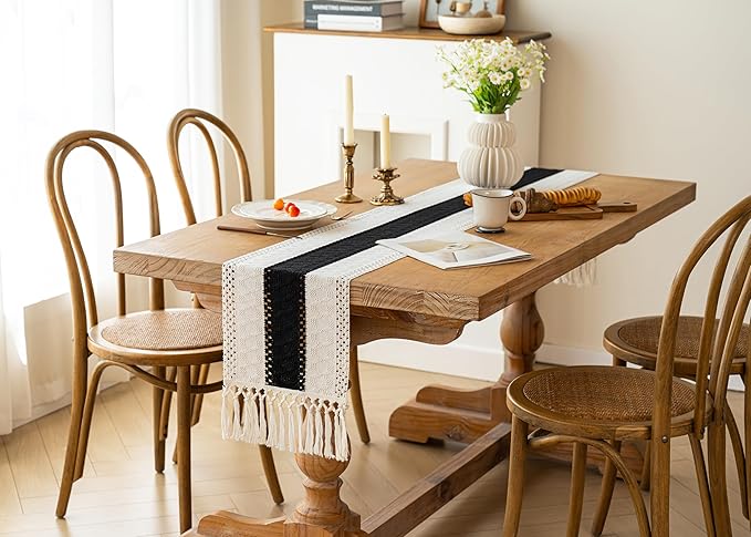 FEXIA Boho Table Runner for Christmas Home Decor with Tassels 72 Inches Long Farmhouse Rustic Black Halloween Table Runner Macrame Burlap Table Decoration for Living Room Bridal Shower(12x72 Inches)