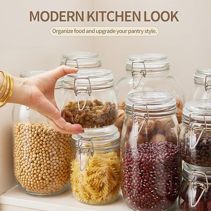 ODBCYWM 51oz Glass Food Storage Jars with Airtight Lids, Set of 3 – Clear Preserving Seal Wire Clip Fastening Canisters for Kitchen Canning, Flour, Cereal, Pasta, Sugar, Beans, Pickling Jars (51oz*3)