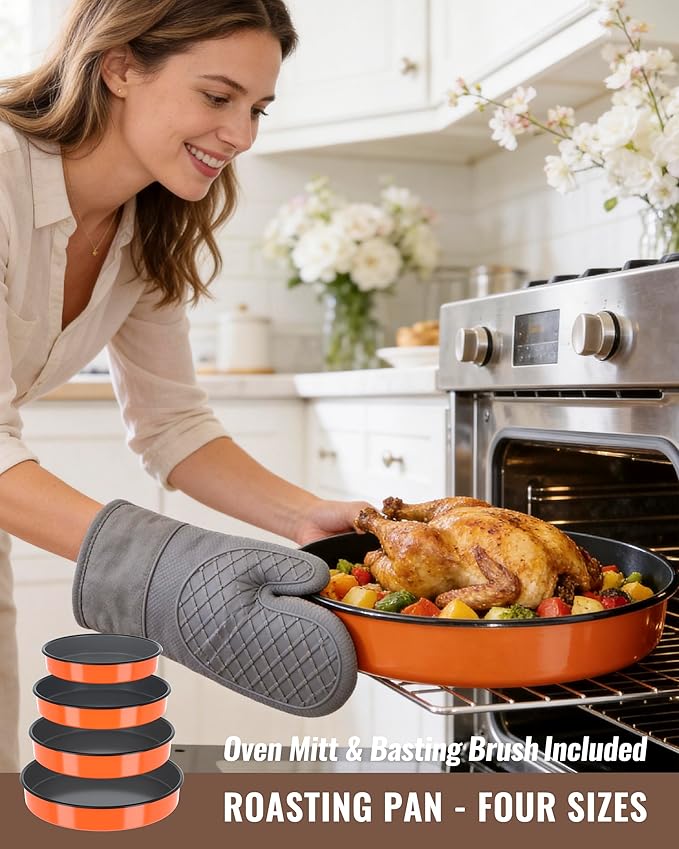Round Enamel Roasting Pan Set Bakeware 4 Pack Cake Pizza Baking Dish 9/10/12/14 Inch Non-Stick Heat Resistance Chicken Roaster Oven Dishwasher Safe, Birthday Mother Day Gift Cookware