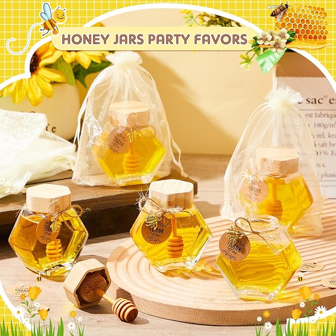 Pickmesh 12 Pcs Hexagonal Glass Honey Jars with Spoon, 3.38 oz Honey Dispenser with Wooden Spoon Bee Charm Thank You Card Organza Bag Mini glass Jars for Baby Shower Wedding Party Favor Decorations