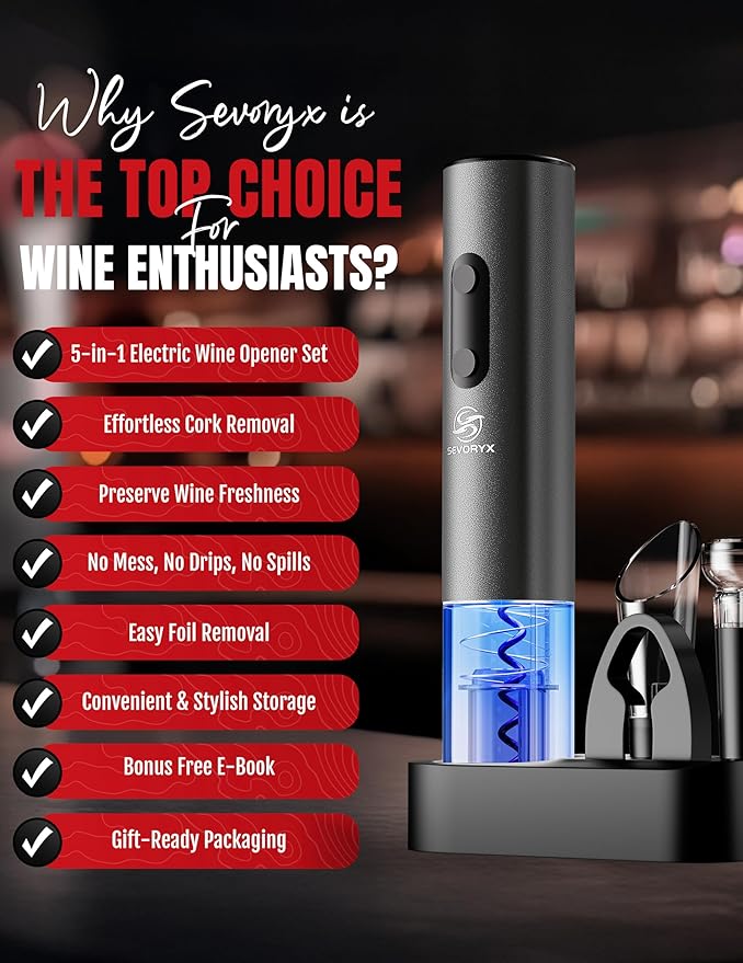 Electric Wine Opener Set, 5-in-1 Battery Operated Electric Bottle Opener With Foil Cutter, Wine Pourer, Vacuum Stopper and Storage Case. Ideal Gift for Wine Lovers, Free E-book included.