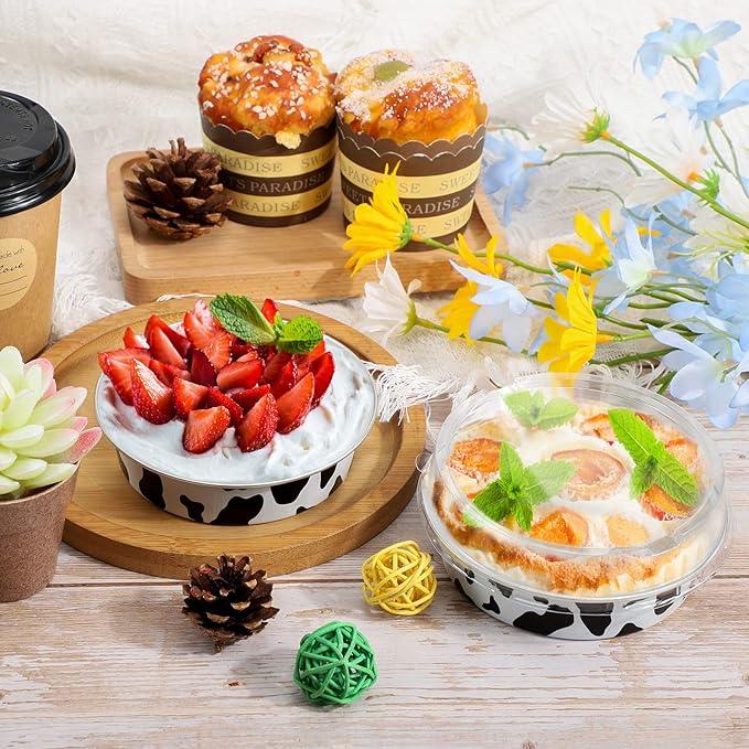 Beasea 4” 20 Pack Mini Tart Pans With Lids, Cow Print Aluminum Pie Pan 8 Oz Pie Pan Tin Tart Cupcake Disposable Pans for Pizza Pies Quiche