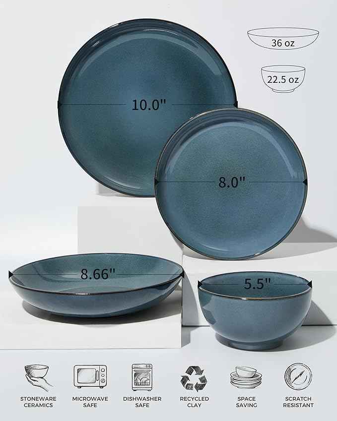 16 Piece Double Bowl Dinnerware Sets with Pasta Bowls, Highly Chip and Crack Resistant Plates and Bowls Sets, Natural Earthyware Ceramic Dishware Sets, Service for 4 Jeans Blue