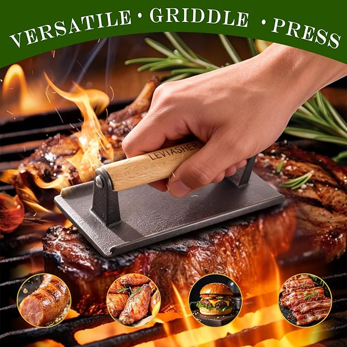 2Pcs 2.2lb Heavy Duty Cast Iron Grill Press, 6.7" Round 7.8X3.9" Rectangle Burger Press with Wood Handle for Blackstone, Griddle, Chef, Camp, Panini, Vegetable, Bacon, Sandwich, BBQ, Grid-patterned