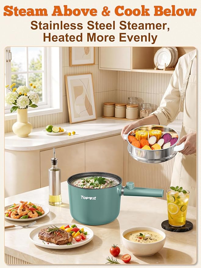 Topwit Hot Pot Electric with Steamer, 1.5L Ramen Cooker, Non-Stick Sauté Pan, Portable Cooking Pot, Electric Cooker with Dual Power Control, BPA Free, Over-Heating & Boil Dry Protection, Green