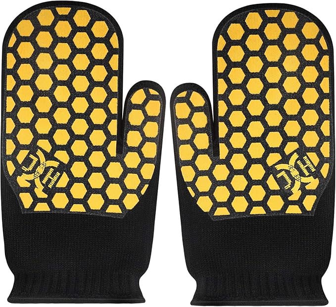 J H Heat Resistant Oven Glove:EN407 Certified 932 °F, 2 Layers Silicone Coating, Oven Mitts for Cooking, Kitchen, Fireplace,Camping, Grilling (Black/Yellow, Mitten)