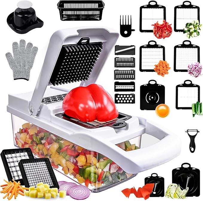 Vegetable Chopper,25 in 1 Multifunctional Food Chopper with Container,Kitchen Vegetable Slicer Dicer Cutter,Veggie Chopper Fruit Salad Potato,13 Blade Stainles Steel Blades（White）